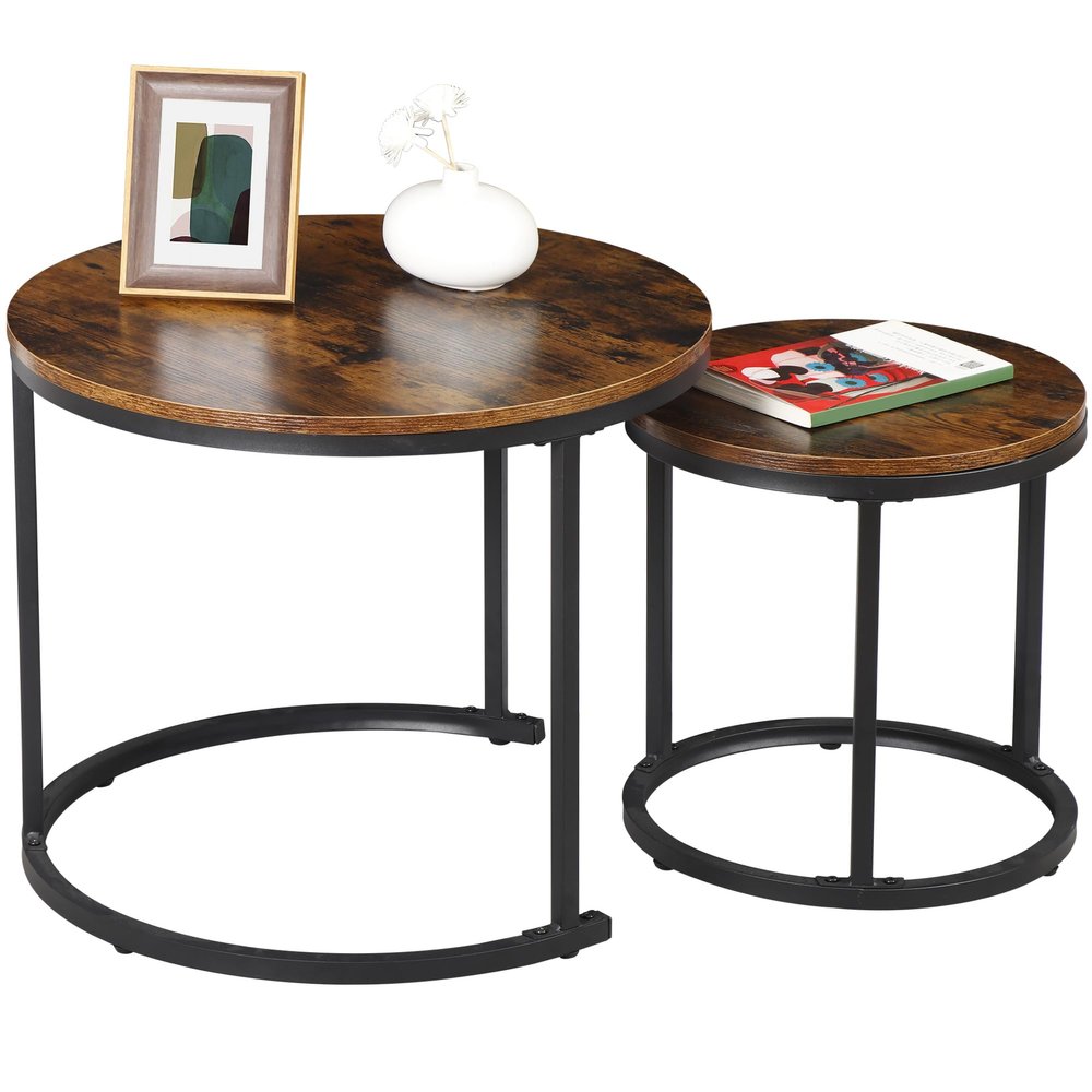 F2C Nesting Coffee Table Modern End Table Set of 2 for Living Room Balcony Office, Round Wood Accent Side Coffee Tables with Sturdy Metal Frame, Easy Assembly