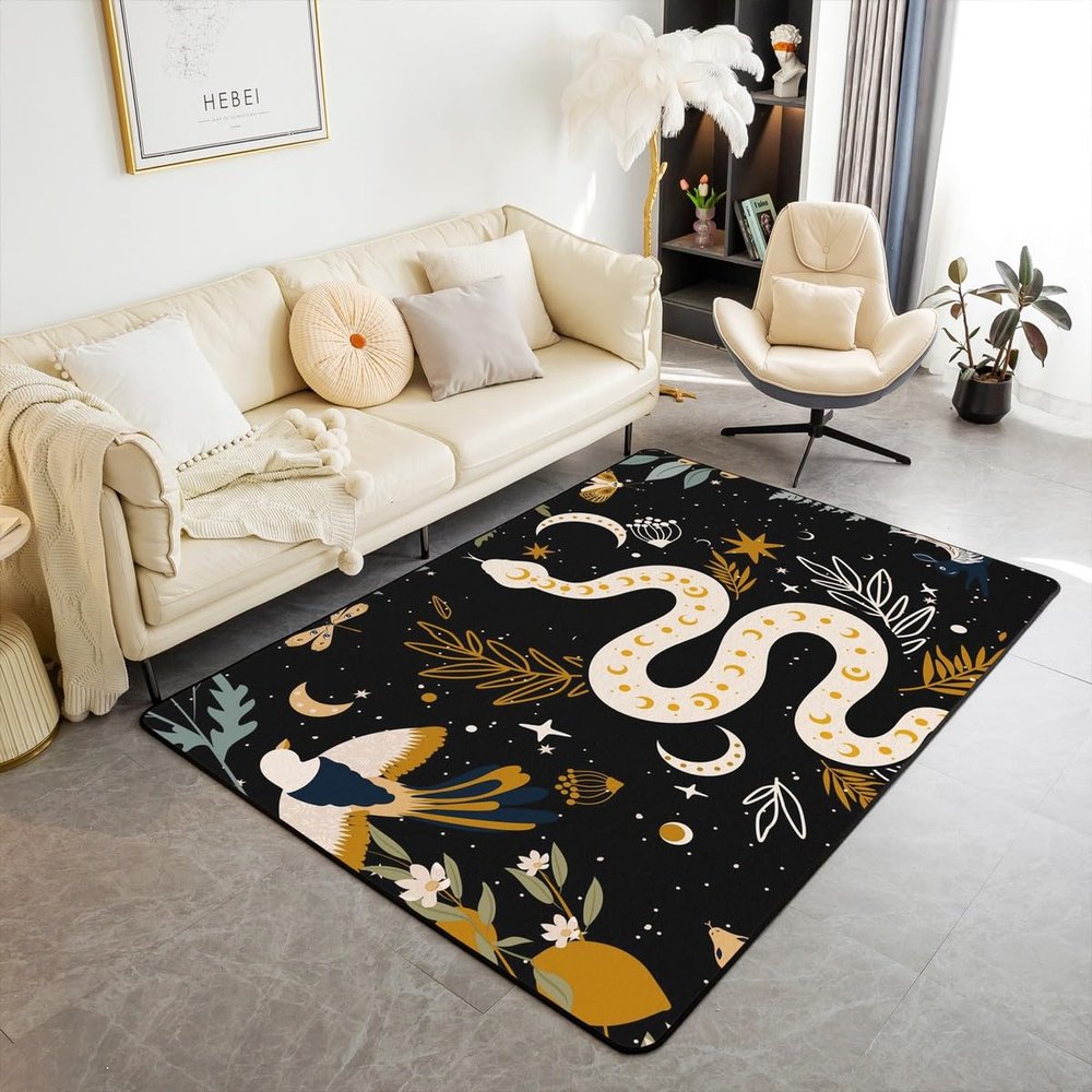 Erosebridal Snake Area Rug 3x5, Sun and Moon Living Room Rugs Non Shedding, Moth Sugar Skull Carpet for Kids Boys Girls Bedroom, Galaxy Starry Sky Butterfly Animal Decorative Washable Rug, Black