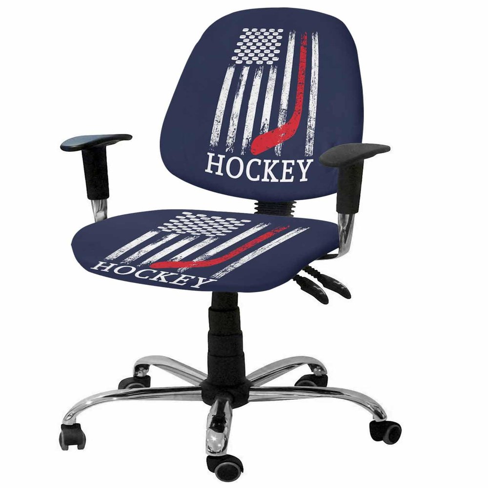 YOKOU Computer Office Chair Cover,Hockey Sport Theme American Flag Blue Washable Removable Rotating Boss Chair Slipcovers Soft Desk Chair Cover 1pcs