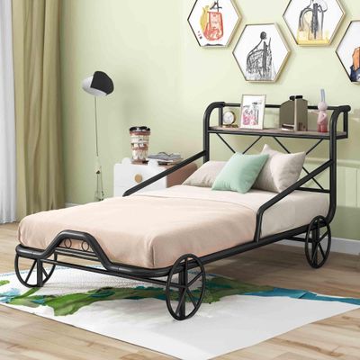 RIDFY Twin Car Bed with 4 Wheels/Guardrails/Storage Shelf for Kids Teens Boys Girls, Metal Platform Bed Frame, Mattress Foundation Camas, Noise Free, No Box Spring Needed (Black)