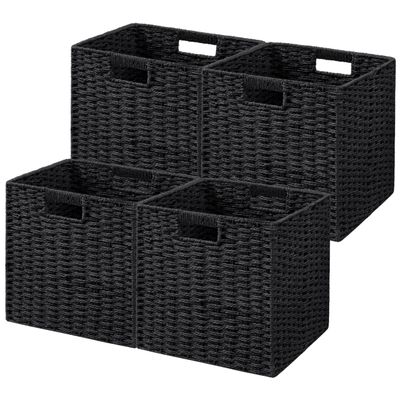 UBBCARE 4 Pack Wicker Basket, 11L11H10.5W inch Woven Paper Rope Storage Baskets for shelves, Foldable Cube Storage bin with Handle, Storage Basket for Organizing & Decor, Black