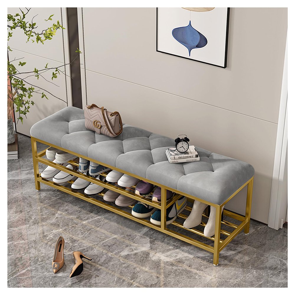 Velvet Upholstered Shoe Bench Shoe Rack Bench Luxurious Entryway Bench with Boots Storage Modern Shoe Storage Bench Entry Shoe Organizer Furniture,Gray,100x30x46cm