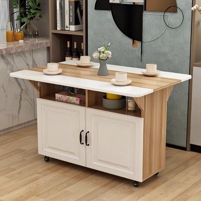 Folding Dining Table Versatile Dinner Table with 2 Tiers of Lockers, 2 Shelves, Movable Kitchen Table Extendable Versatile Table Space Saving Foldable in 3 Forms, for Small Space Dining Room Kitchen (