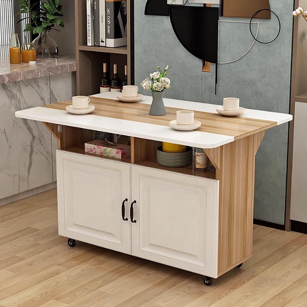Folding Dining Table Versatile Dinner Table with 2 Tiers of Lockers, 2 Shelves, Movable Kitchen Table Extendable Versatile Table Space Saving Foldable in 3 Forms, for Small Space Dining Room Kitchen (