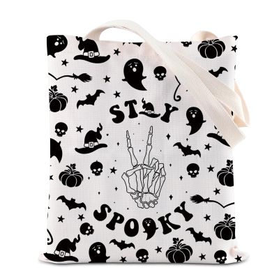 KUIYAI Spooky Tote Bag Spooky Season Shoulder Bag Halloween Party Canvas Bag Horror Skeleton Bat Pumpkin Handbag (StSpookyTotebag)
