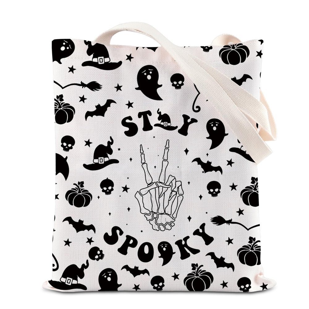 KUIYAI Spooky Tote Bag Spooky Season Shoulder Bag Halloween Party Canvas Bag Horror Skeleton Bat Pumpkin Handbag (StSpookyTotebag)