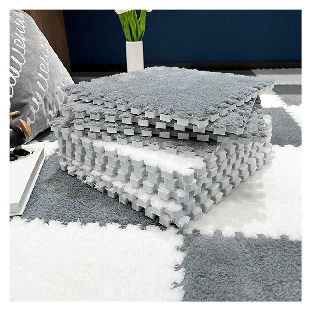 10pcs Interlocking Carpet Shaggy Soft EVA Foam Mats, Fluffy Area Rugs Carpet Floor Tiles, Puzzle Play Mat for Bedrooms, Studies, 12x12inch(Color:White+Gray)