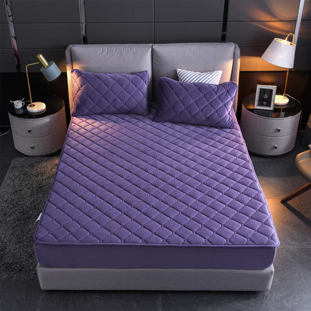 LMXSHJI Fitted Sheet Quilted Layer Crystal Velvet Fabric Mattress Protector Cover Non-Slip Elastic Band Fixation Single Double (Color : Purple, Size : 180x220cm+28cm)