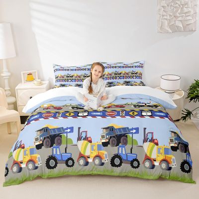 Cartoon Cars Kids Duvet Cover Set King Size,Aircraft Construction Site Vehicles Bedding Set for Boys Girls Adults Room Decor,Police Car Urban Road Comforter Cover,Colorful Quilt Cover,2 Pillowcases