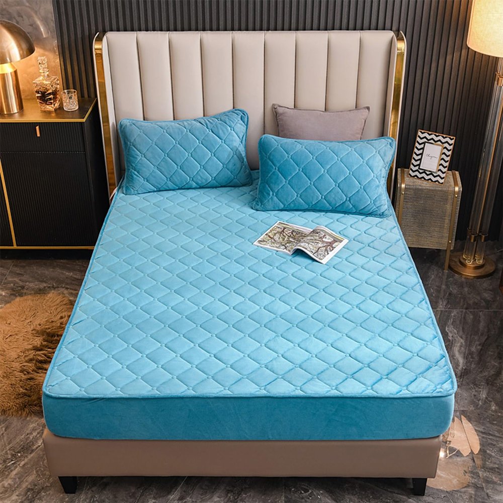 LMXSHJI Fitted Sheet Quilted Layer Crystal Velvet Fabric Mattress Protector Cover Non-Slip Elastic Band Fixation Single Double (Color : Lake Blue, Size : 160x200cm+28cm)