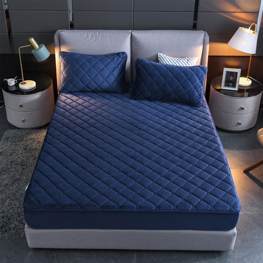 LMXSHJI Fitted Sheet Quilted Layer Crystal Velvet Fabric Mattress Protector Cover Non-Slip Elastic Band Fixation Single Double (Color : Navy Blue, Size : 200x220cm+28cm)