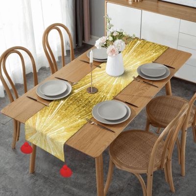 Gold Bling Linen Table Runner with Tassel Decor Charming Table Runner for Farmhouse,Christmas,Wedding