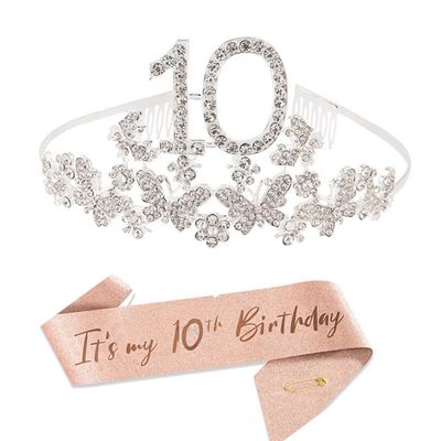10th Birthday Tiara and Sash for Girls, Silver Butterfly 10 Bday Crystal Rhinestone Crown and Glittered Its My 10th Birthday Sash for Girls 10 years Old Bday Party Decorations