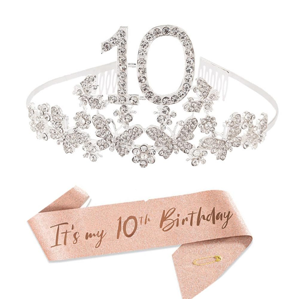 10th Birthday Tiara and Sash for Girls, Silver Butterfly 10 Bday Crystal Rhinestone Crown and Glittered Its My 10th Birthday Sash for Girls 10 years Old Bday Party Decorations
