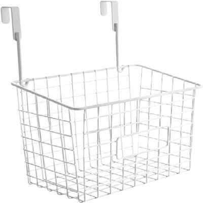 1Pcs Grid Storage Baskets with Hooks over Cabinet Door Organizer Basket Shelves Iron Kitchen Storage Organizer for RV Garage Railing (White)