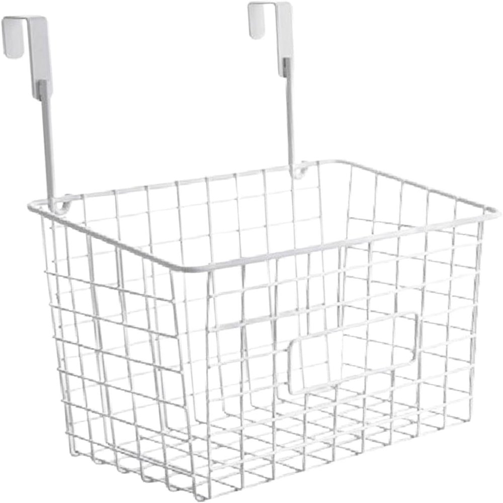 1Pcs Grid Storage Baskets with Hooks over Cabinet Door Organizer Basket Shelves Iron Kitchen Storage Organizer for RV Garage Railing (White)