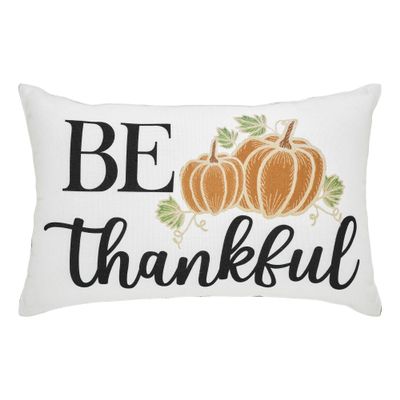 VHC Brands Annie Buffalo Black Check Pumpkin Be Thankful Pillow Gingham Ruffle Cover Rectangle Autumn Fall 14 inches by 22 inches