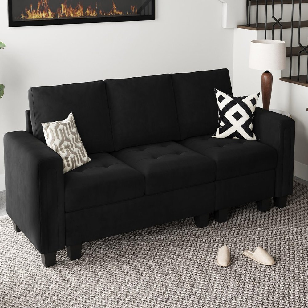 Belffin Velvet Modular Sofa Couch 3 Seater Sofa Couch for Living Room Black