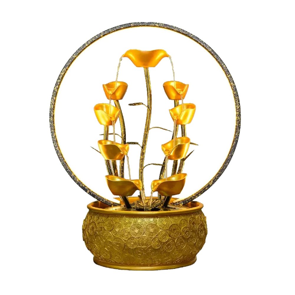 Tabletop Fountains Indoor Fountain Tabletop Fountain Waterfall Fountains Relaxation Water Feature Feng Shui Good Luck Wealth Desktop Fountain with Light Home and Office Indoor Decor, Gold Desktop Wate