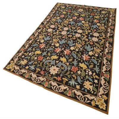 6'0" x 8'10" - 182 x 270 Cm Needlepoint Floral Black Floral Bohemian Wool Cotton Handmade Handknotted Vintage Turkish Area Rug for Living Room Bedroom Nursery Hallway Indoor