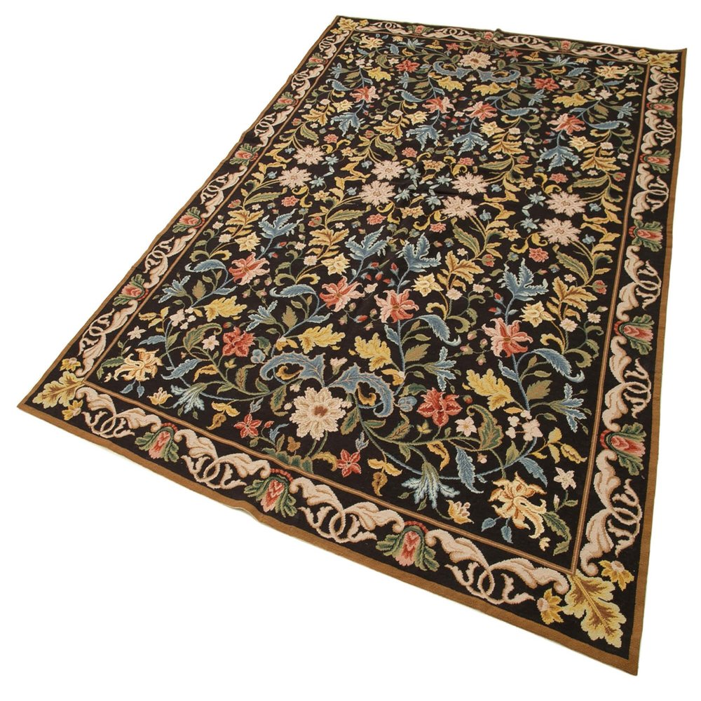 6'0" x 8'10" - 182 x 270 Cm Needlepoint Floral Black Floral Bohemian Wool Cotton Handmade Handknotted Vintage Turkish Area Rug for Living Room Bedroom Nursery Hallway Indoor