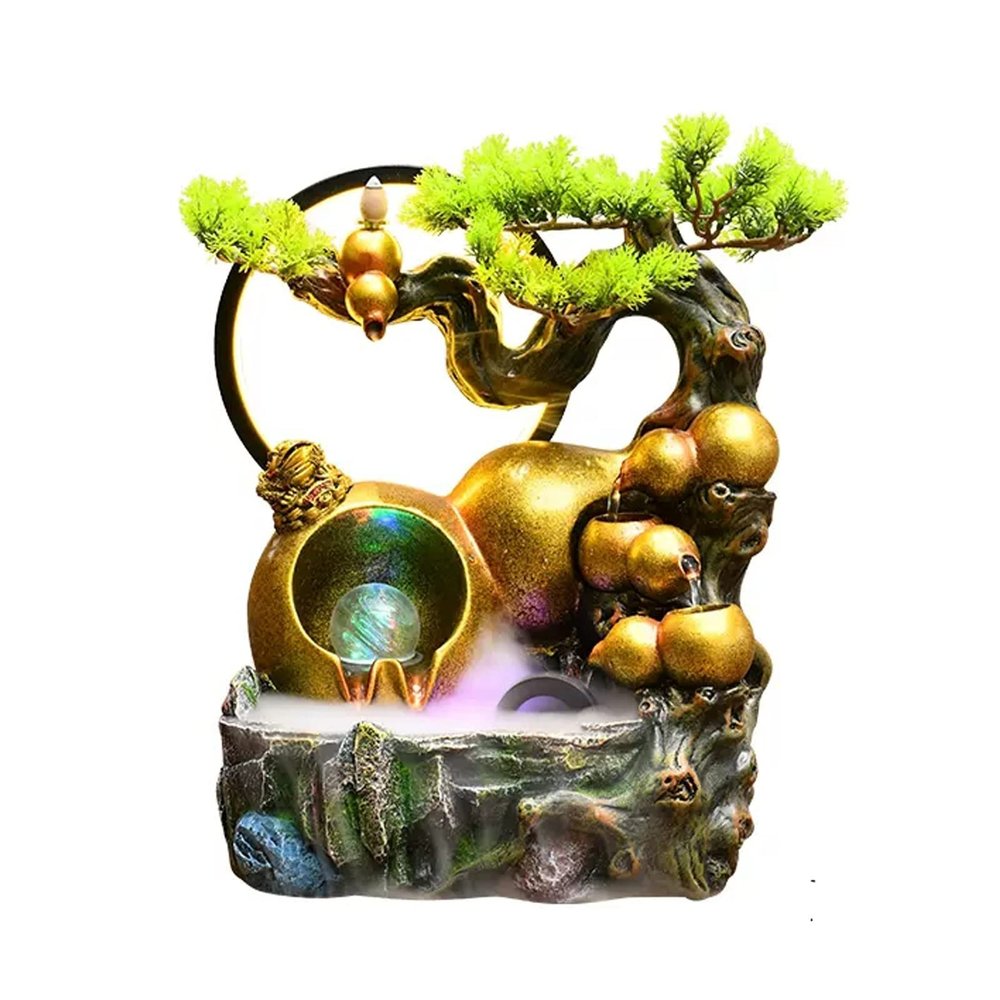 Tabletop Fountains Tabletop Water Fountain Resin Relaxation Meditation Fountain Desktop Fountain with Golden Gourd and Artificial Bonsai Design, Indoor Waterfall Feature for Home Office Decor Desktop