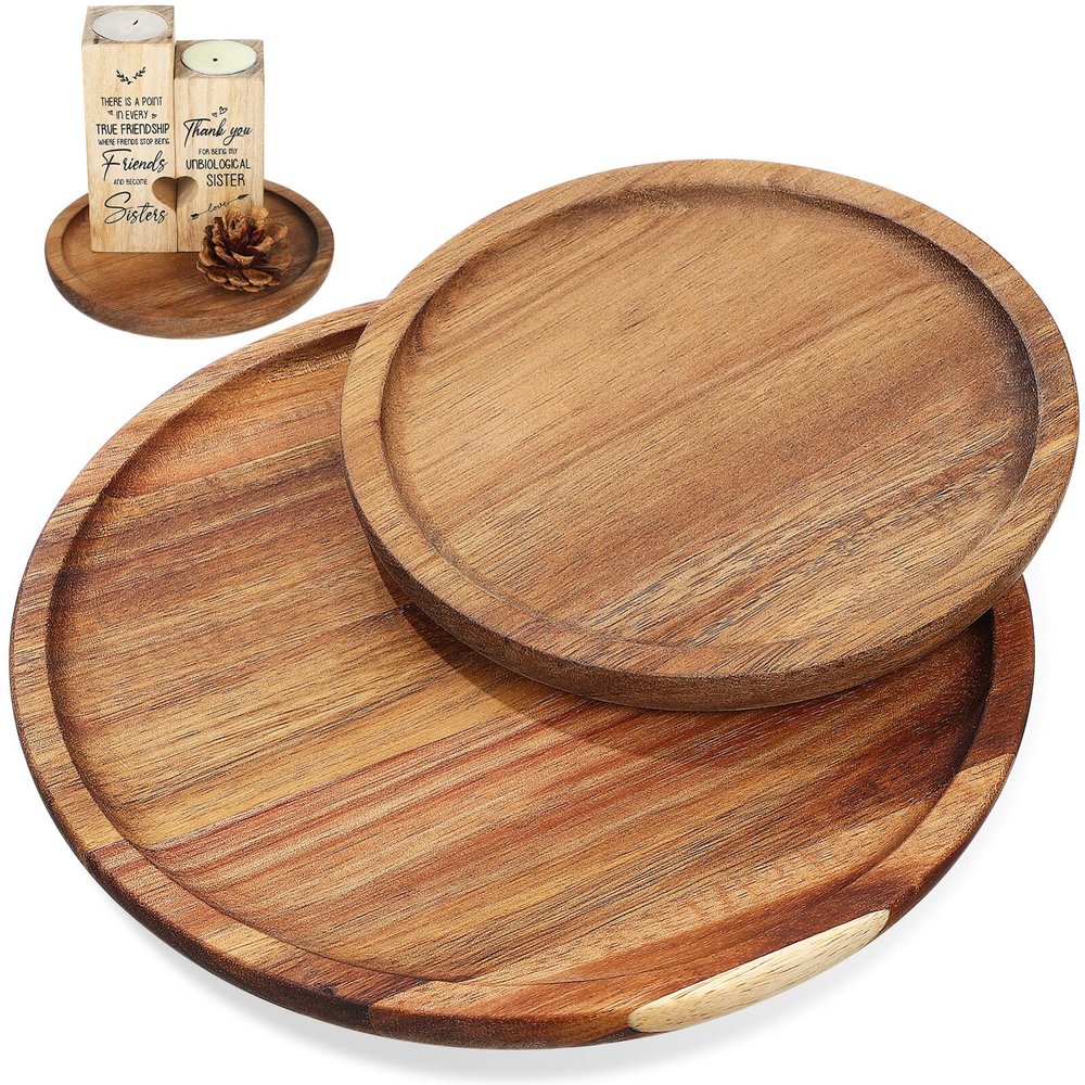 2 Pcs Round Wooden Tray Candle Trays Wooden Plate