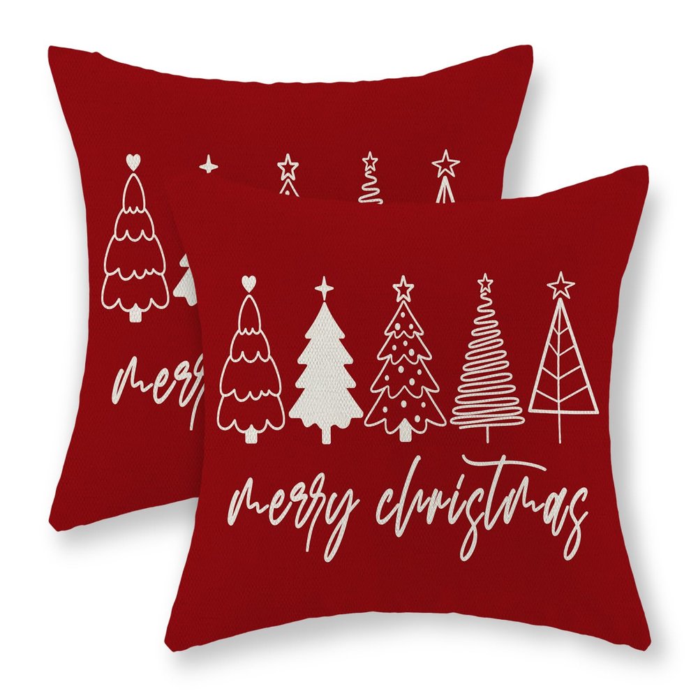 GOLIANDA Christmas Pillow Covers 18x18 Set of 2 Christmas Decor Linen Pillowcase Winter Christmas Decorative Red Throw Pillows Christmas Tree Holiday Decor Outdoor Cushion Covers for Couch Home Decor