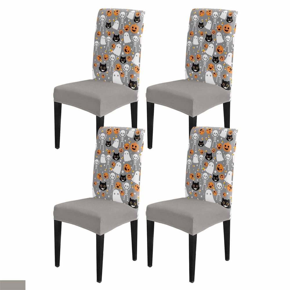 Halloween Grey Dining Chair Cover Set of 4,Stretch Chair Protectors Slipcover,Spandex Kitchen Chair Seat Back Cushion Slip Cover for Dining Room,Party,Hotel,Ceremony Spooky Pumpkin Ghost Skull Horror