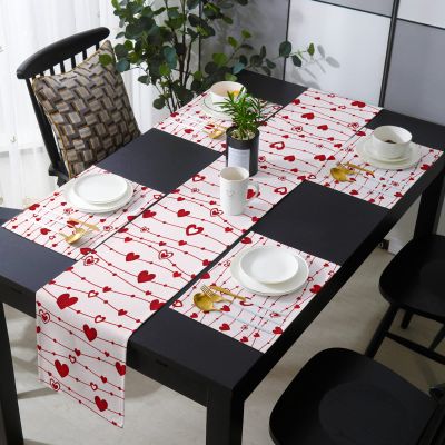 Valentine's Day Table Mats Set of 6 with Table Runner 90 Inches Long,Cotton Linen Tablerunner Burlap Kitchen Dining Placemats for Wedding/Coffee/Dress Party,Saint Red Pink Love Heart Romantic Stripes