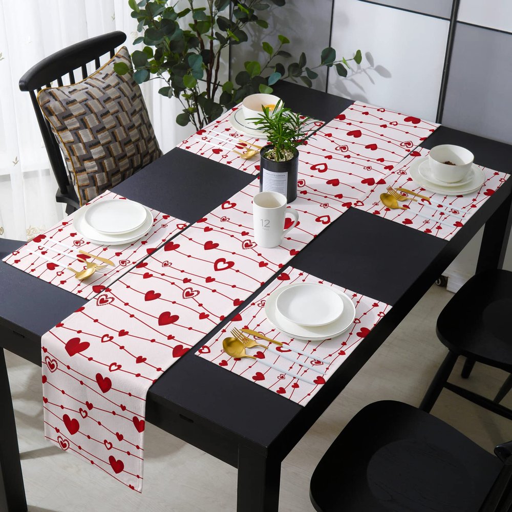 Valentine's Day Table Mats Set of 6 with Table Runner 90 Inches Long,Cotton Linen Tablerunner Burlap Kitchen Dining Placemats for Wedding/Coffee/Dress Party,Saint Red Pink Love Heart Romantic Stripes