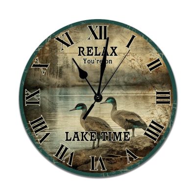 JuneLucky Vintage Decorative Wood Clock 15 Inch,Lake Ducks Relax You're on Lake Time Round Wooden Wall Clock for Kitchen Dining Room Home Decor Rustic Wall Art Wooden Clock Funny Gifts for Holiday