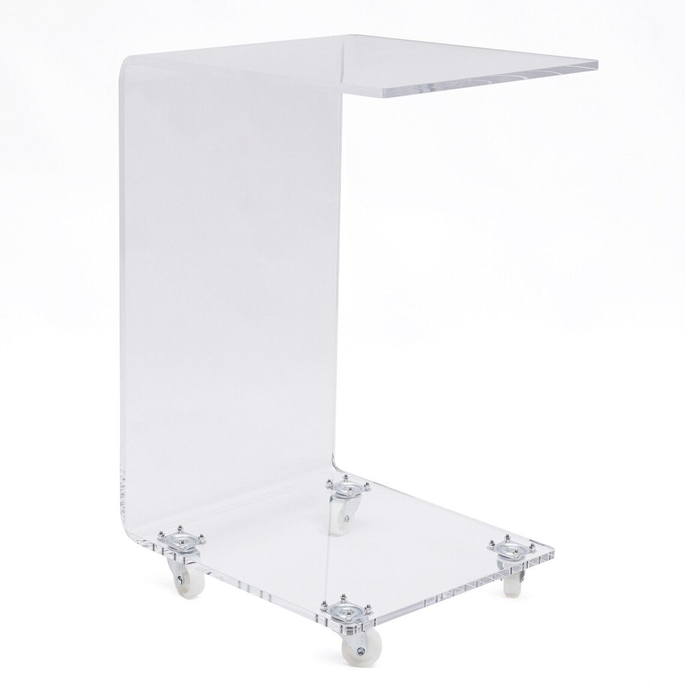YINZINR Acrylic C-Shape Clear Sofa Side Table Tea End Table Transparent Coffee Desk w/Wheels