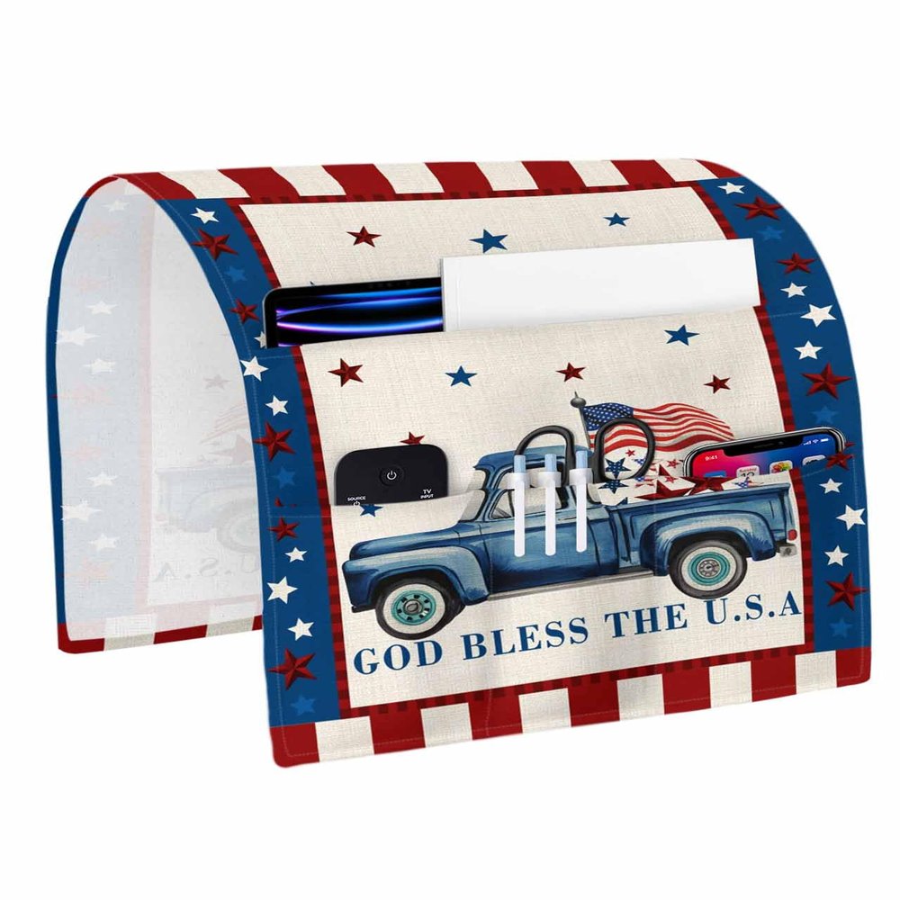 LBCASA Sofa Armrest Organizer Bedside Caddy, 4th of July Truck Non Slip Couch Remote Control Holder, Independence Day American Flag Star Patriotic Arm Chair Caddy with Pocket for Phone, 13''x35''