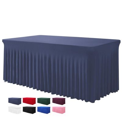 BDDC Table Skirts for Rectangle Tables 6ft - One-Piece Navy Blue Tablecloths and Skirt, Wrinkle Resistant Ruffles Elastic Cover for Banquets, Weddings, Events, Parties