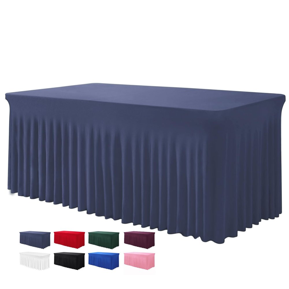 BDDC Table Skirts for Rectangle Tables 6ft - One-Piece Navy Blue Tablecloths and Skirt, Wrinkle Resistant Ruffles Elastic Cover for Banquets, Weddings, Events, Parties