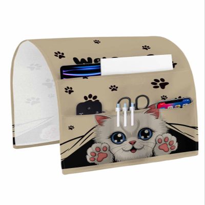 LBCASA Sofa Armrest Organizer Bedside Caddy, Adorable Cat Welcome Non Slip Couch Remote Control Holder for Recliner, Retro Paws Footprints Arm Chair Caddy with Pocket for Magazine, Phone, 13''x35''