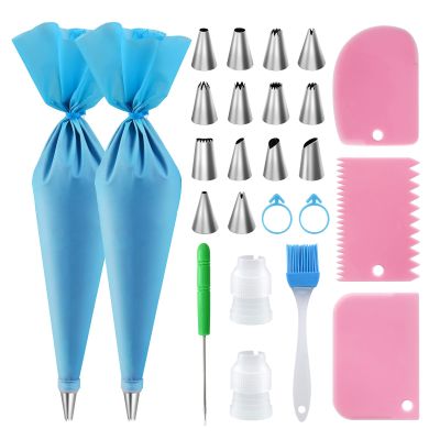Piping Bags and Tips Set - Reusable Piping Bag, 16 Inch Silicone Pastry Bags with 14 Icing Tips, 3 Scrapers, 2 Couplers, 2 Bags Ties, 1 Pastry Brush, Cake Decorating Kit for Baking Cupcake and Cookies