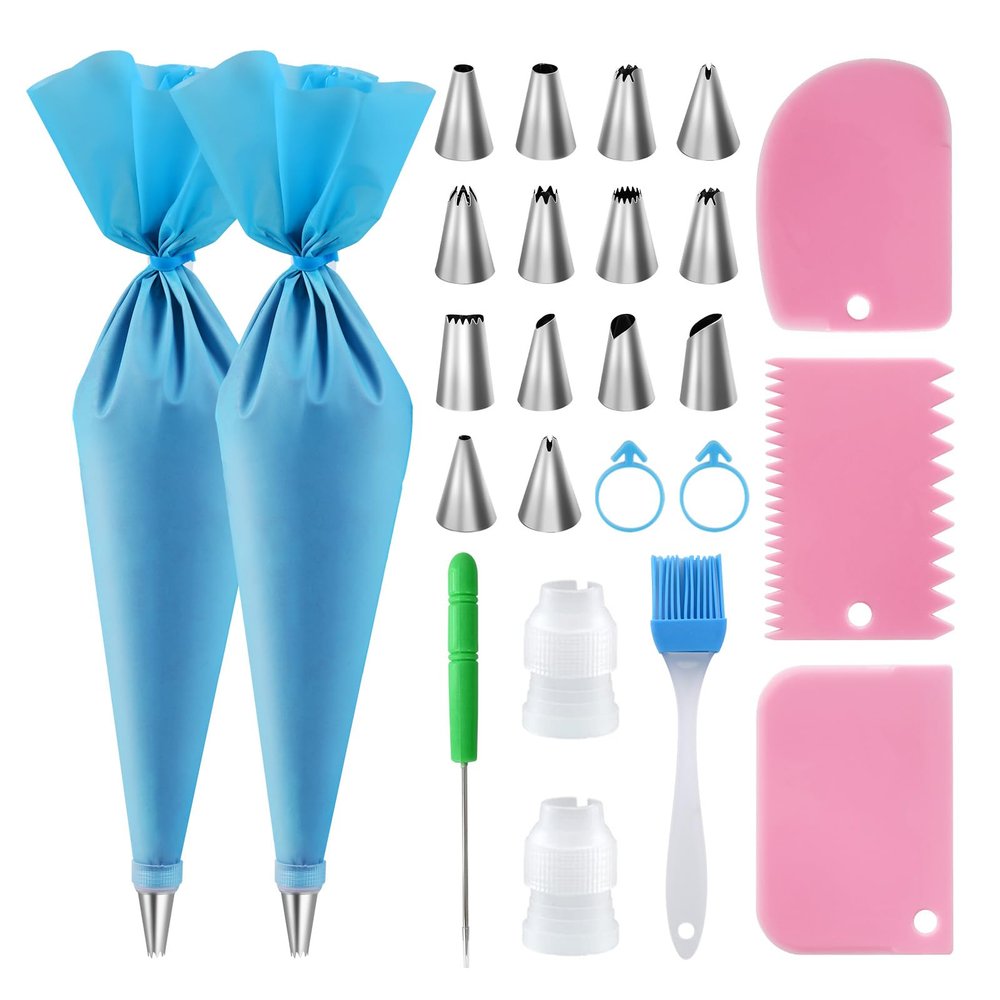 Piping Bags and Tips Set - Reusable Piping Bag, 16 Inch Silicone Pastry Bags with 14 Icing Tips, 3 Scrapers, 2 Couplers, 2 Bags Ties, 1 Pastry Brush, Cake Decorating Kit for Baking Cupcake and Cookies