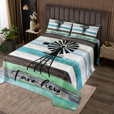 Erosebridal Rustic Windmill Bedspread Set 3Pcs, Western Farmhouse Quilt Set Vintage Country Barn Door Coverlet Set King, Farmhouse Gifts for Women, Wood Plank Retro Bed Sets with 2 Pillow Cases