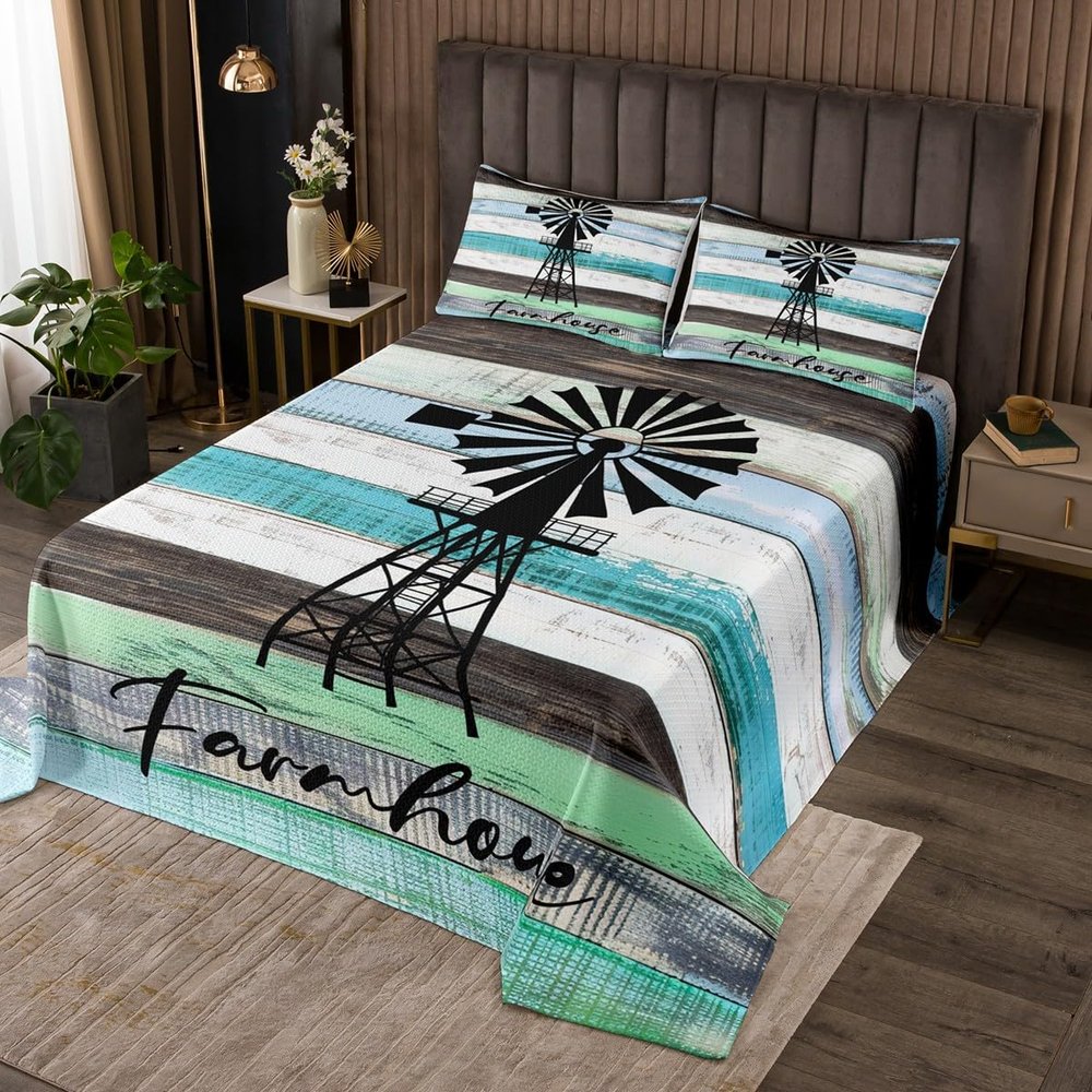 Erosebridal Rustic Windmill Bedspread Set 3Pcs, Western Farmhouse Quilt Set Vintage Country Barn Door Coverlet Set King, Farmhouse Gifts for Women, Wood Plank Retro Bed Sets with 2 Pillow Cases