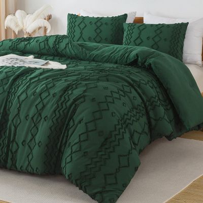 Andency Twin Size Comforter Emerald Green, 2 Pieces (1 Boho Comforter, 1 Pillowcase) Dark Green Tufted Geometric Shabby Chic Bedding, Soft Fluffy Jacquard Farmhouse Bed Set for All Season