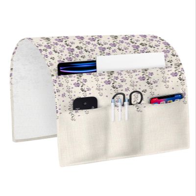 LBCASA Sofa Armrest Organizer Bedside Caddy, Purple Grey Florals Non Slip Couch Remote Control Holder, Spring Weeping Flowers Linen Texture Arm Chair Caddy with Pocket for Phone, 13''x35''