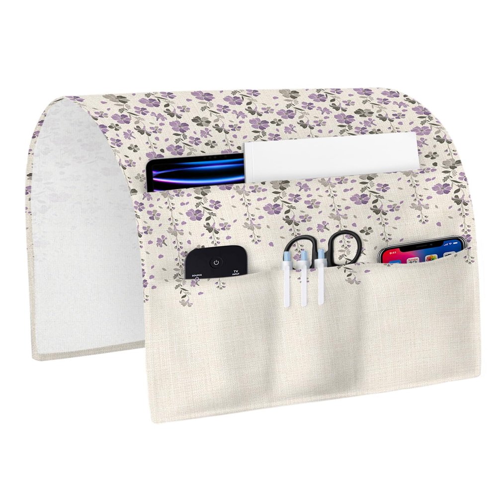 LBCASA Sofa Armrest Organizer Bedside Caddy, Purple Grey Florals Non Slip Couch Remote Control Holder, Spring Weeping Flowers Linen Texture Arm Chair Caddy with Pocket for Phone, 13''x35''