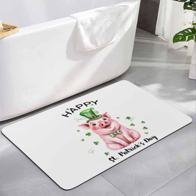 YESOF66 Diatomaceous Earth Bath Rug Bathtub Mat, Happy St. Patrick's Day Clover Farm Pink Pig Quick Dry Non-Slip Diatomite Mud Bathroom Floor Rugs for Bath Tub Kitchen Absorbent Pad, 16x24 Inch