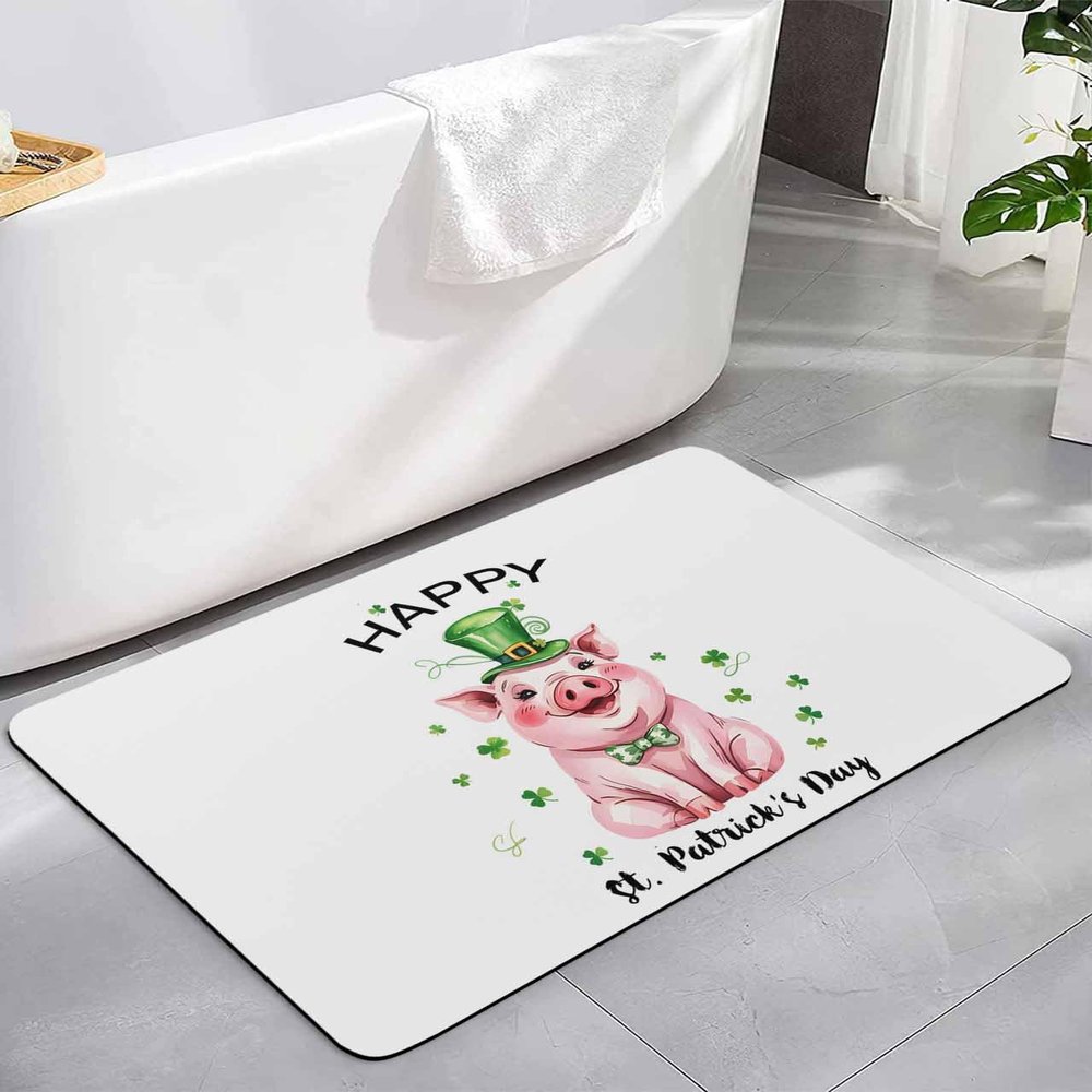 YESOF66 Diatomaceous Earth Bath Rug Bathtub Mat, Happy St. Patrick's Day Clover Farm Pink Pig Quick Dry Non-Slip Diatomite Mud Bathroom Floor Rugs for Bath Tub Kitchen Absorbent Pad, 16x24 Inch