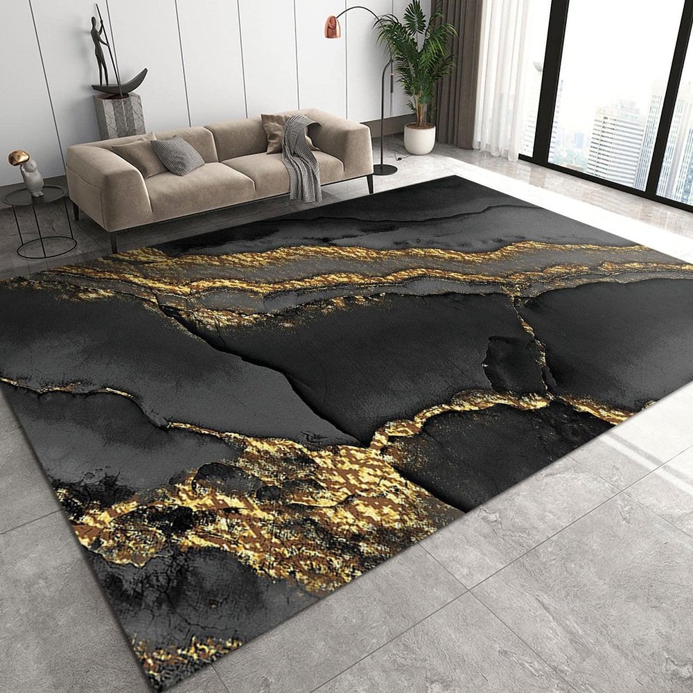 Modern Light Luxury Texture Area Rug, Black Gold Marble Pattern Indoor Non-Slip Kids Rugs, Machine Washable Breathable Durable Carpet for Front Entrance Floor Decor,6 x 8ft