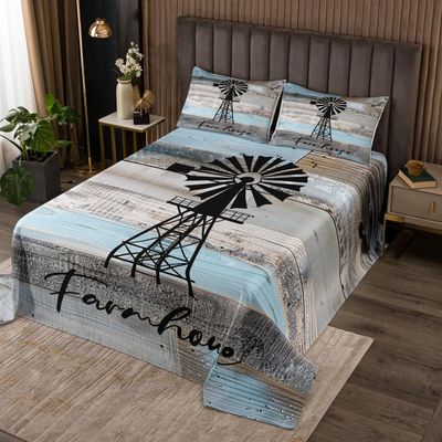Twin Windmill Quilt Set, Rustic Farmhouse Coverlet Set Cabin Room Decor, Vintage Teal Wooden Plank Bedspread Set Farm Country Barn Door Bed Sets For Kids Boys Teens Adult Women Bedroom Decor