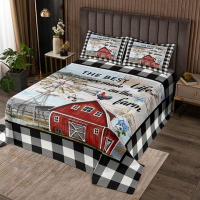 Rustic Farmhouse Coverlet Set Windmill Decor Quilt Set Rooster Red Barn Country Bedspread Set Vintage Western Farm Wooden Plank Buffalo Plaid Bedding Set Farmhouse Bedroom Decor, Queen Size