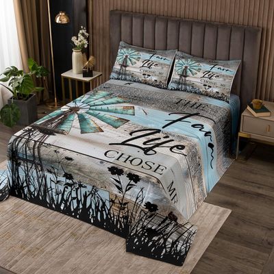 Farmhouse Windmill Quilt Set Queen Size, Rustic Cabin Decor Bedspread Set For Kids Teens Adult Bedroom, Barn Door Wooden Plank Coverlet Set Vintage Country Western Bedding Set With 2 Pillow Cases